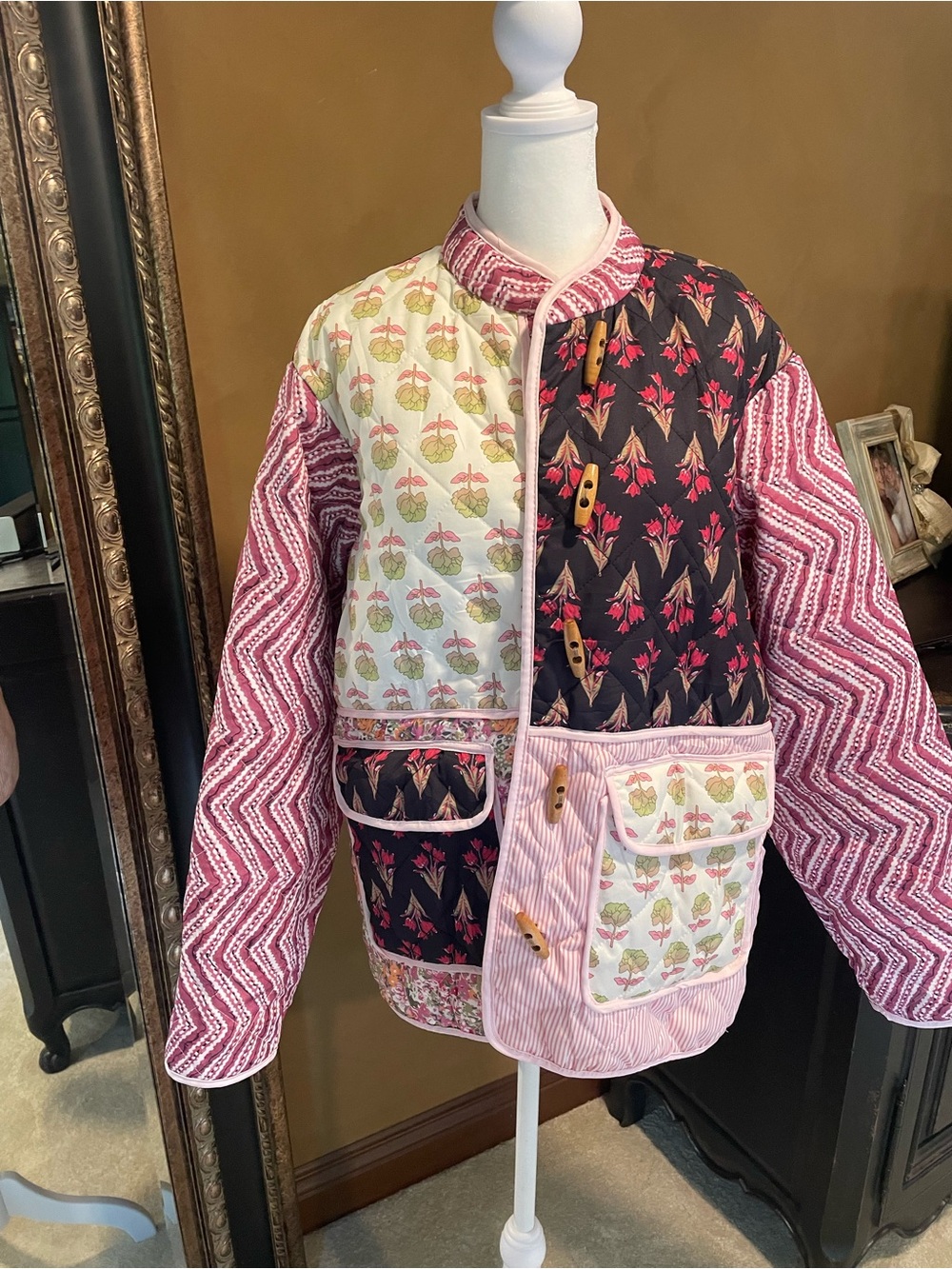 Patchwork Quilted Jacket in Pink, Black, Cream